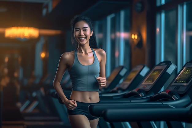 A woman running on a treadmill in a gym