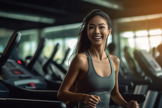 A woman running on a treadmill in a gym