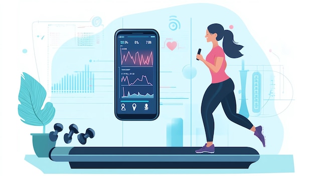 Photo woman running on treadmill with fitness app on phone