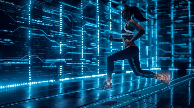 a woman running on a treadmill with the words quot running quot on the side