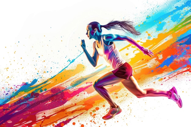 Woman Running with Colorful Splash on White Background