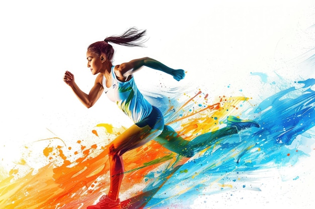 Woman Running with Colorful Splash on White Background