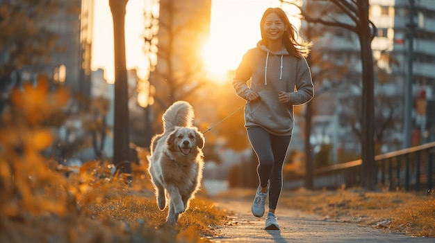 a woman running with a dog in the background