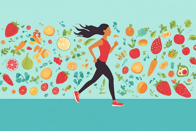 Photo woman running with fresh fruits and vegetables