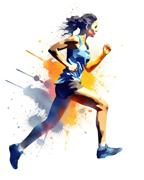 A woman running with a paint splash on her shirt.