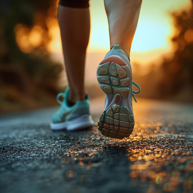 a woman running with a running shoe on the ground at sunset