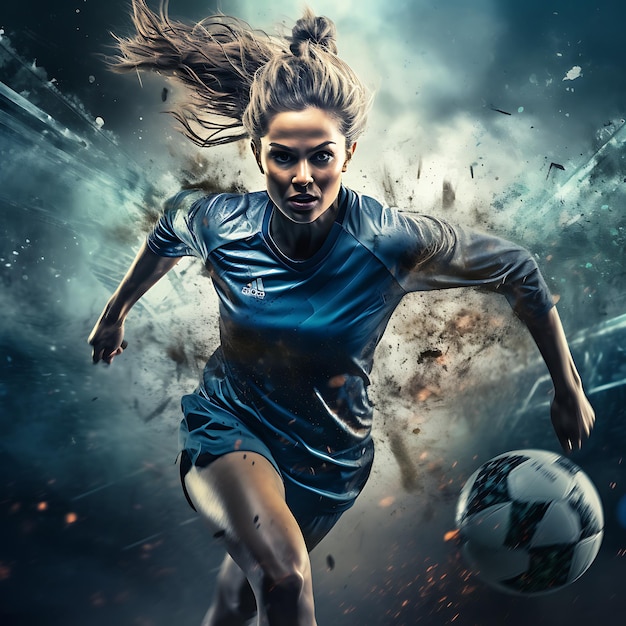 Photo a woman running with a soccer ball in the air