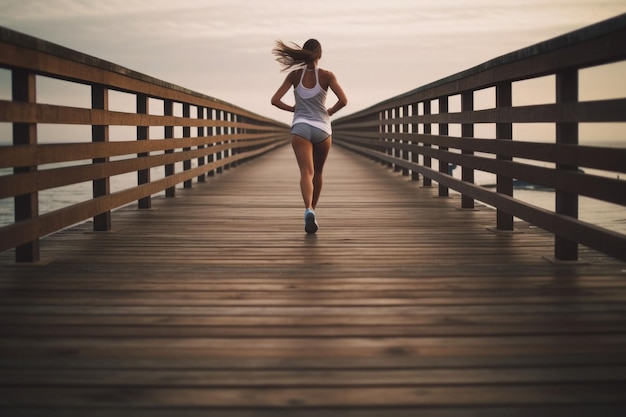 Woman running on wooden boardwalk in sunrise seaside Sports lifestyle Generative AI