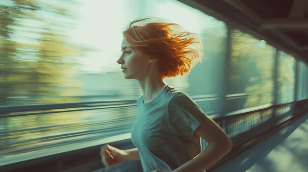 Photo a woman runs along a train with red hair