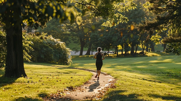 A woman runs on a path in a park surrounded by lush green trees and grass