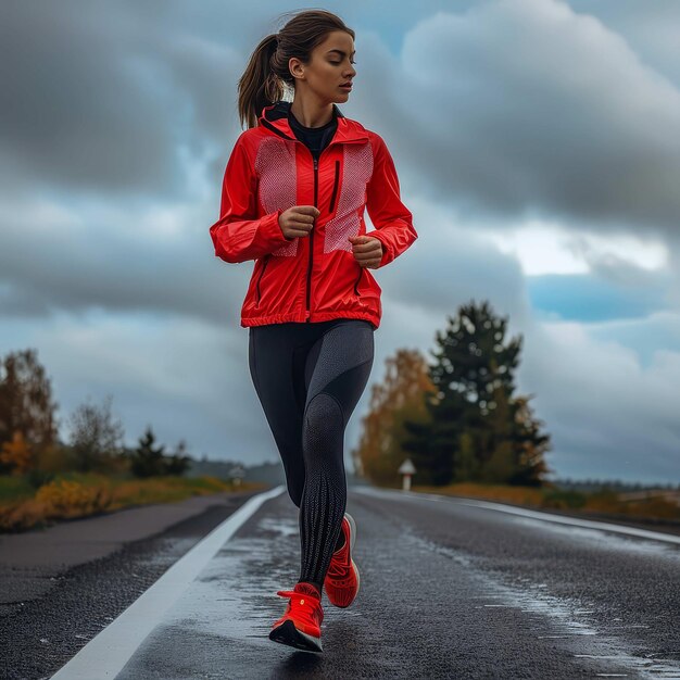 Photo woman runs in red jacket on rainy road in autumn