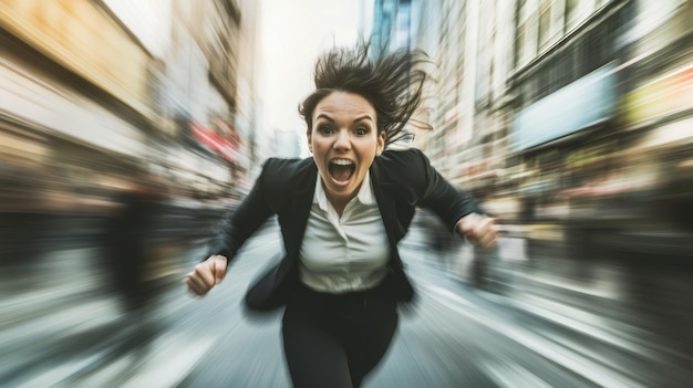 Photo a woman runs through a blurry city street