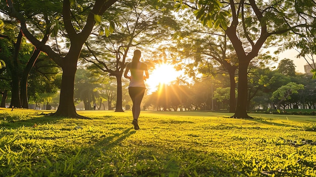 A woman runs through a park at sunrise