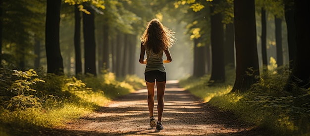 A woman runs on a trail on a sunny morning on a forest road against the direction of sunlight