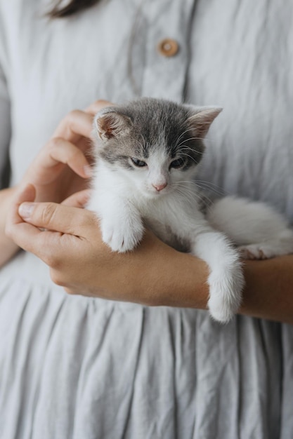 Woman in rustic dress holding cute little kitten in hands Portrait of adorable kitty AdoptionLove