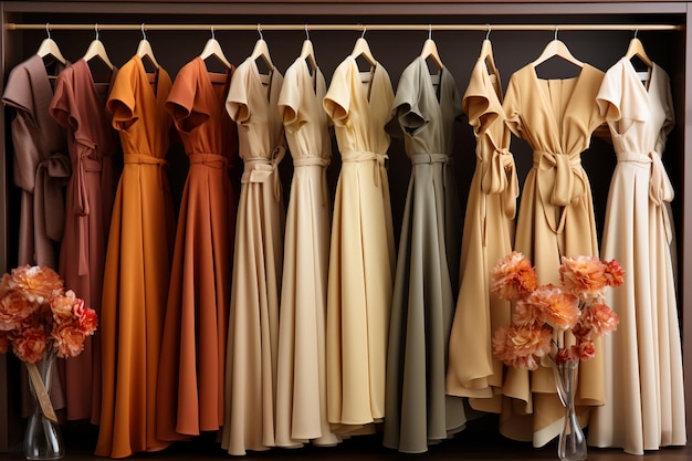 woman's colorful evening dresses in wardrobe in bedroom