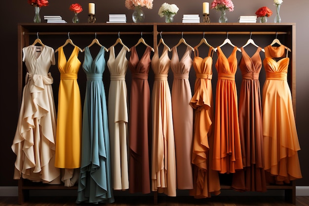 woman's colorful evening dresses in wardrobe in bedroom