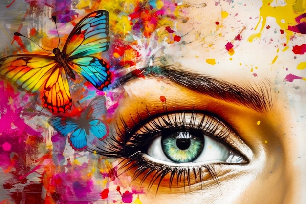 Woman's eye with butterfly painted on the side of it Generative AI