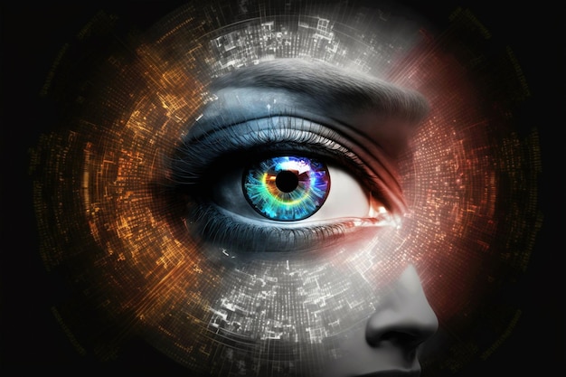 A woman's eye with a digital background.