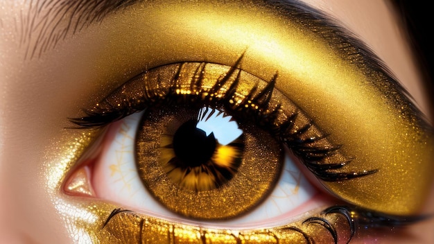 A woman's eye with gold paint and a gold eyeliner.