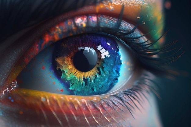 A woman's eye with a rainbow colored eye.