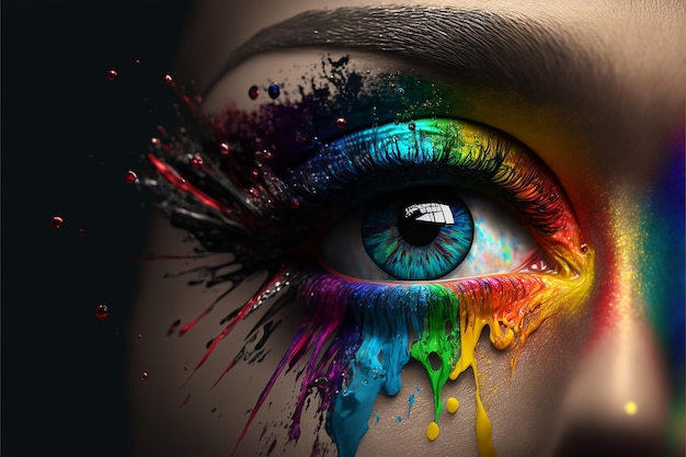 A woman's eye with rainbow colors on it