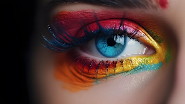 A woman's eye with a rainbow eye makeup.