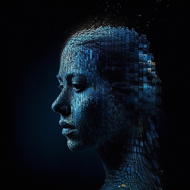 A woman's face is covered in digital mosaics.