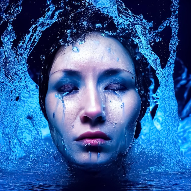 A woman's face is covered in water and the word " on the bottom of her face. "