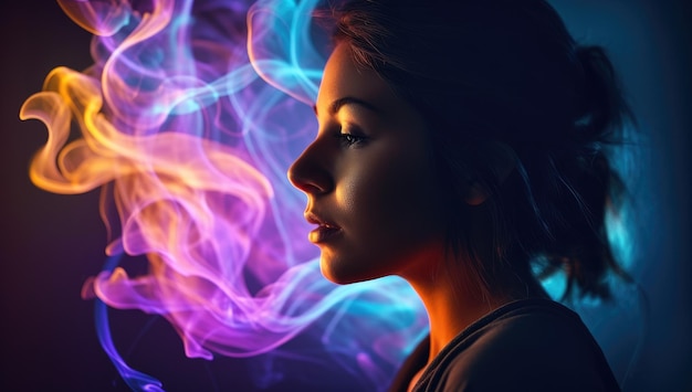 A woman's face is lit up with a colorful smoke effect.