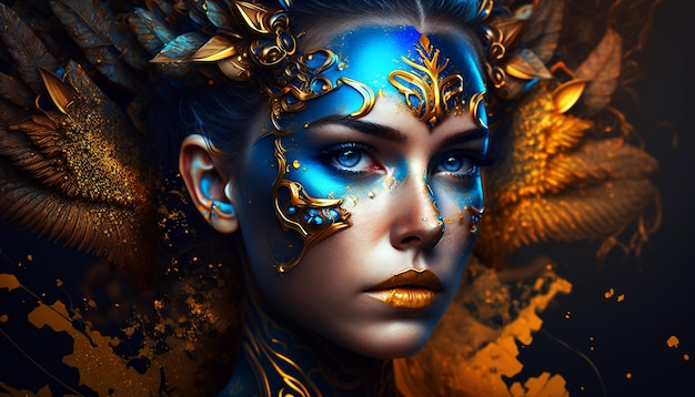 The woman's face is made in a surreal style in blue and yellow tones