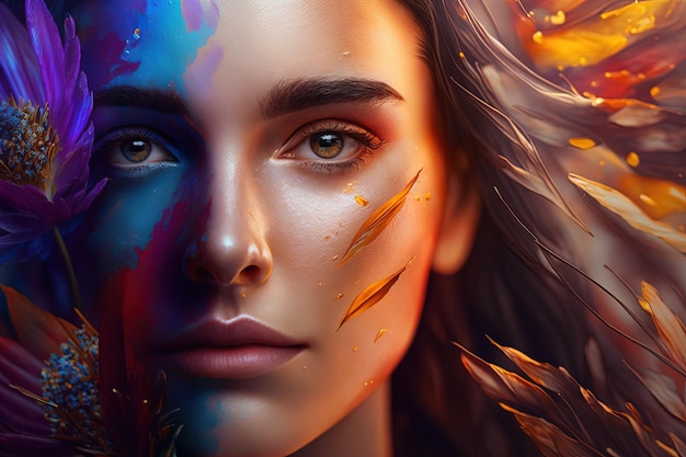 A woman's face is painted with bright colors generative AI