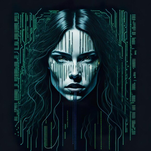 Photo a woman's face is shown with a circuit board in the background.