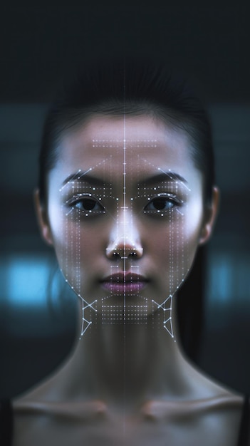 A woman's face is shown with a digital display that says ai on it.