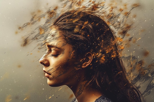 A woman's face is shown with leaves falling from her hair