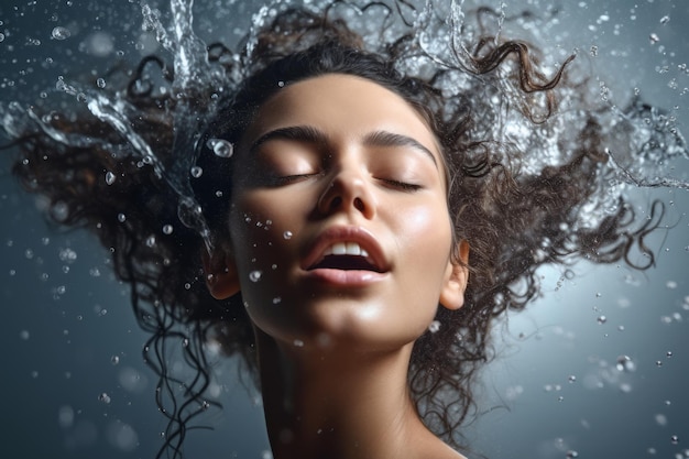 A woman's face is surrounded by water.