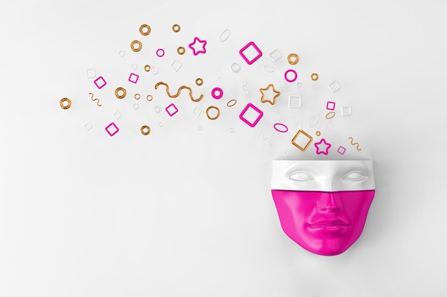 A woman's face peeking out of the wall in a shiny metal mask with flying objects from the head. 3D illustration