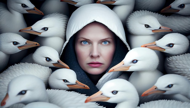 A woman's face sticking out in the middle of white geese Generate Ai