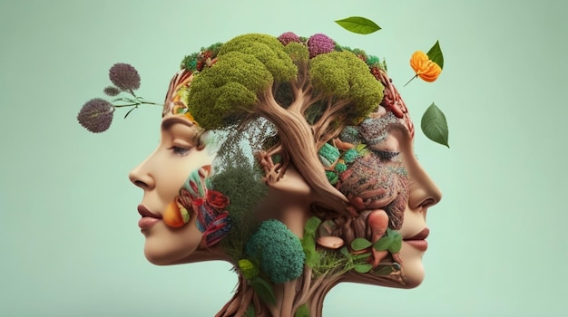 A woman's face tree with kitchen utensils in the middle of brain