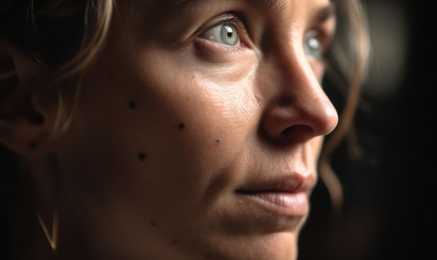 A woman's face with a black dot on it