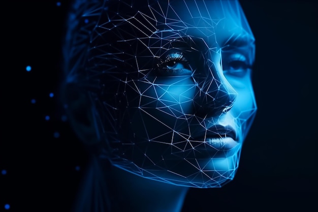 A woman's face with a blue background and the word robot on it.