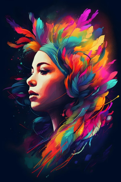 Woman's face with colorful feathers on her head and black background Generative AI