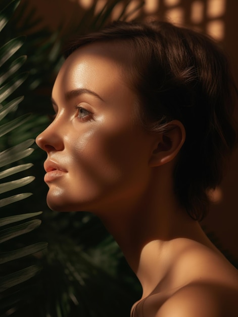 A woman's face with a palm leaf behind her