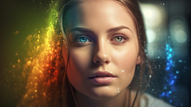 A woman's face with a rainbow of colors