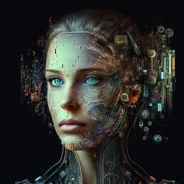 A woman's face with a robot face and a circuit board in the background.