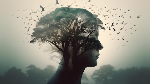 A woman's face with a tree and birds flying around her.