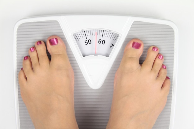 Woman' s feet on bathroom scale