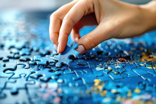 Photo woman s hand carefully assembling vibrant blue jigsaw puzzle with impressionist brushwork