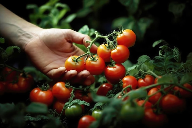 A woman's hand gently caresses bunches of red tomatoes Generative AI