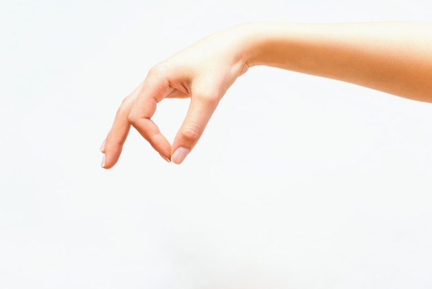 Woman's hand hold something isolated on white background.